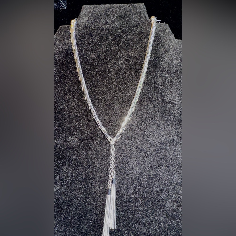White House Black Market Silver Tone Snake Chain Tassel Necklace
